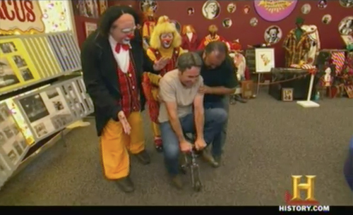 american pickers mike rides a clown bicycle