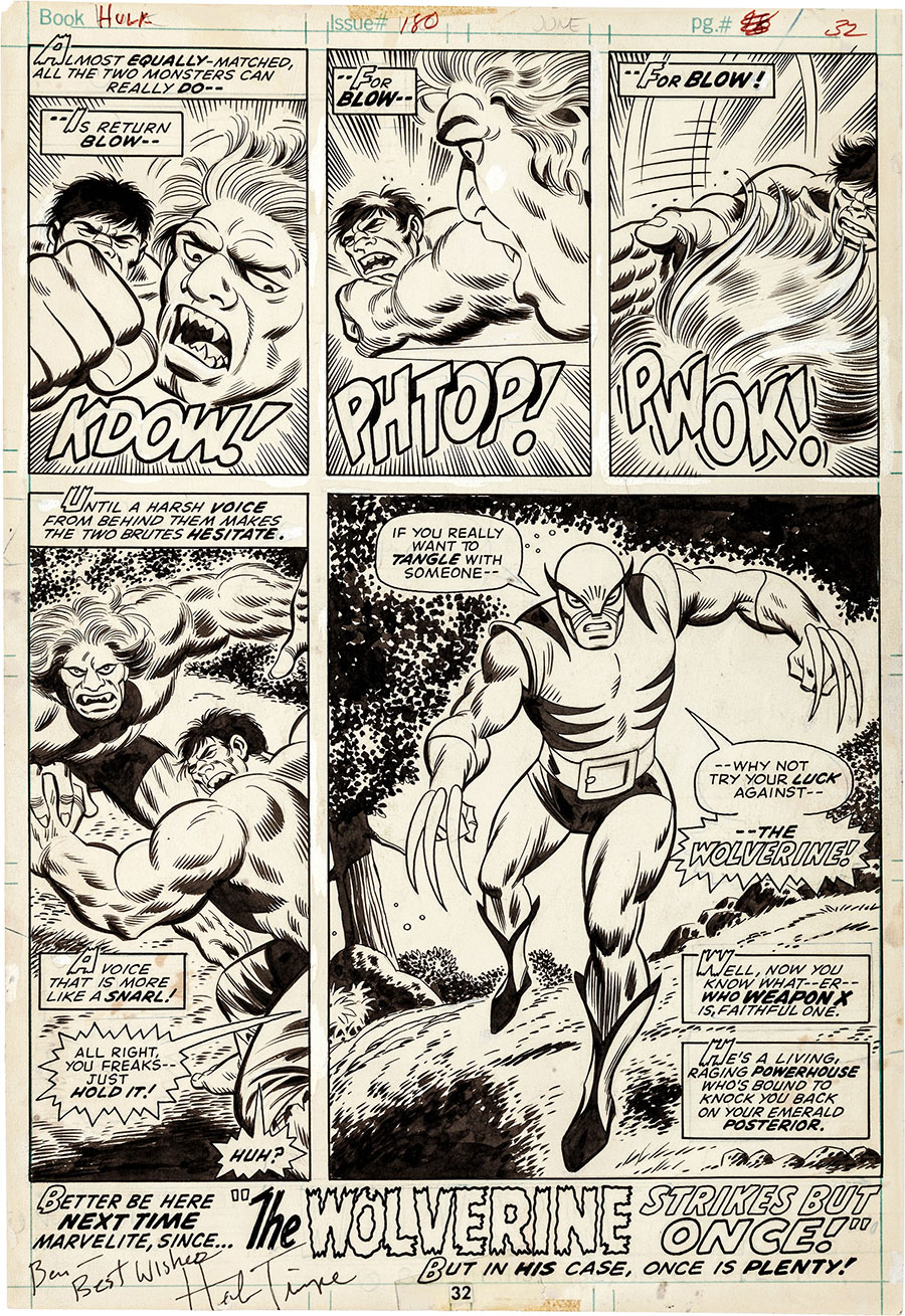incredible hulk with wolverine first appearance #180 - original art by herb Trimpe